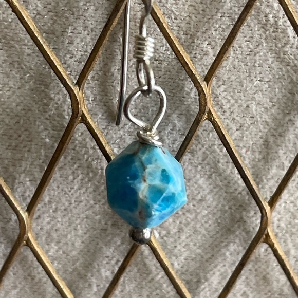 Natural Blue Apatite Sterling Silver Wire Wrapped Dainty Drop Earrings –Handmade - Picture 3 of 6